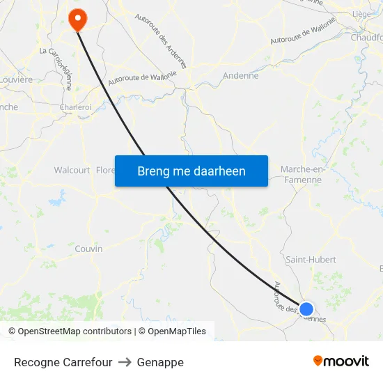 Recogne Carrefour to Genappe map
