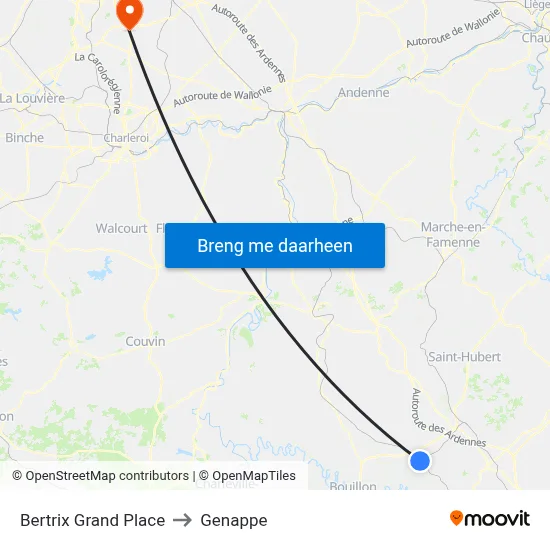 Bertrix Grand Place to Genappe map
