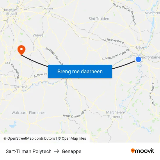 Sart-Tilman Polytech to Genappe map