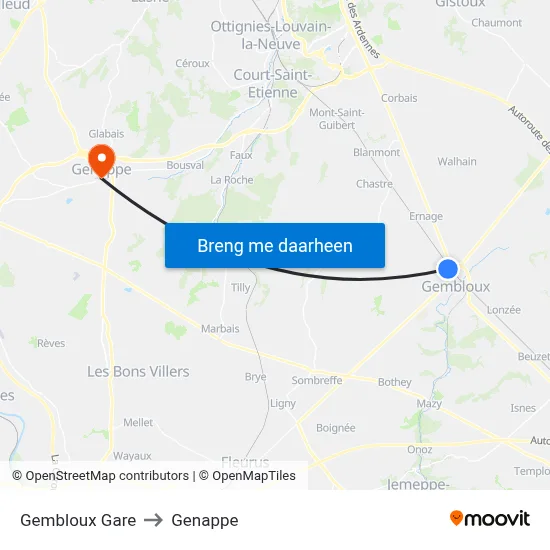 Gembloux Gare to Genappe map