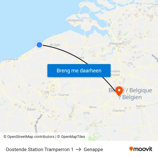 Oostende Station Tramperron 1 to Genappe map