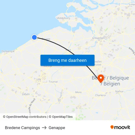 Bredene Campings to Genappe map