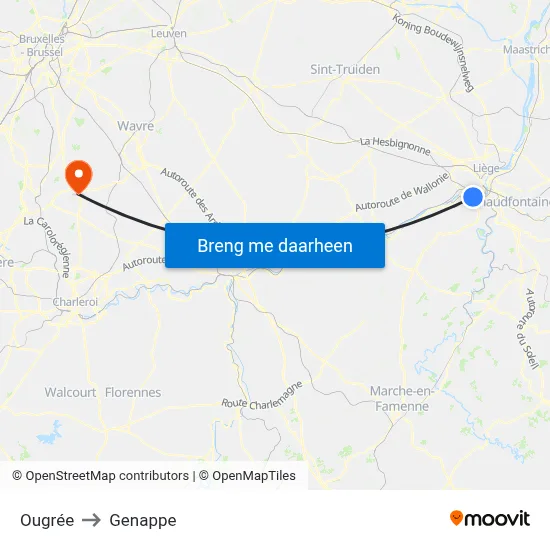 Ougrée to Genappe map