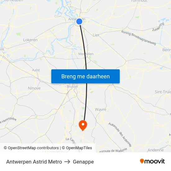 Antwerpen Astrid Metro to Genappe map