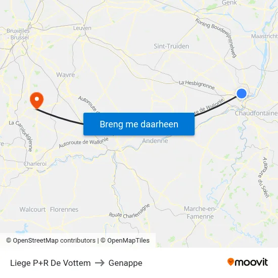 Liege P+R De Vottem to Genappe map