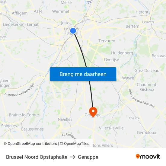 Brussel Noord Opstaphalte to Genappe map