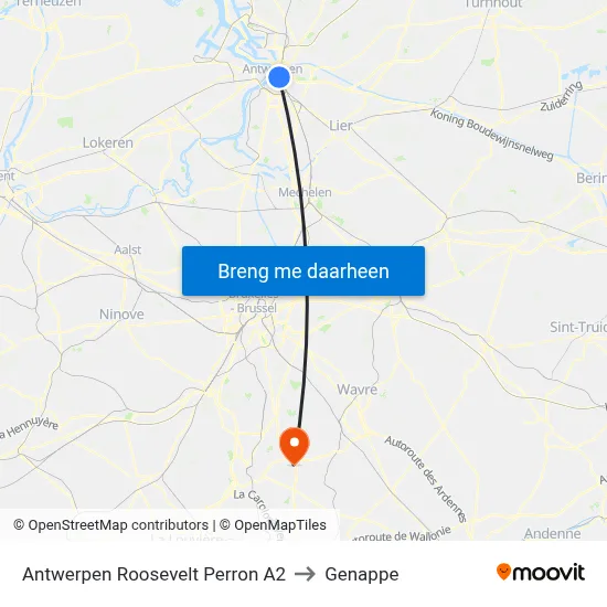 Antwerpen Roosevelt Perron A2 to Genappe map