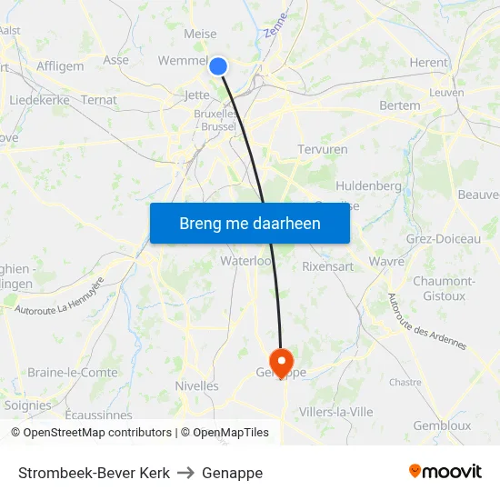 Strombeek-Bever Kerk to Genappe map