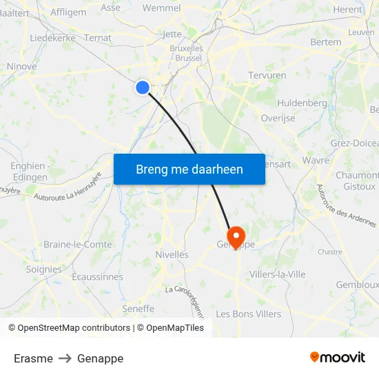 Erasme to Genappe map