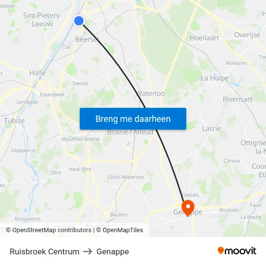 Ruisbroek Centrum to Genappe map
