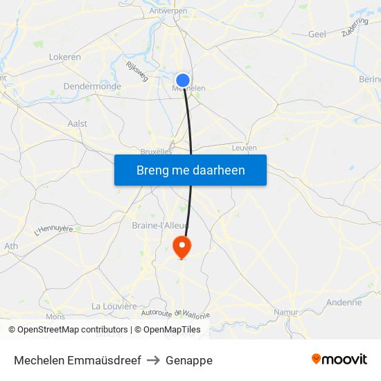 Mechelen Emmaüsdreef to Genappe map