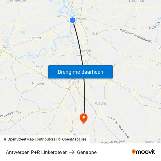 Antwerpen P+R Linkeroever to Genappe map