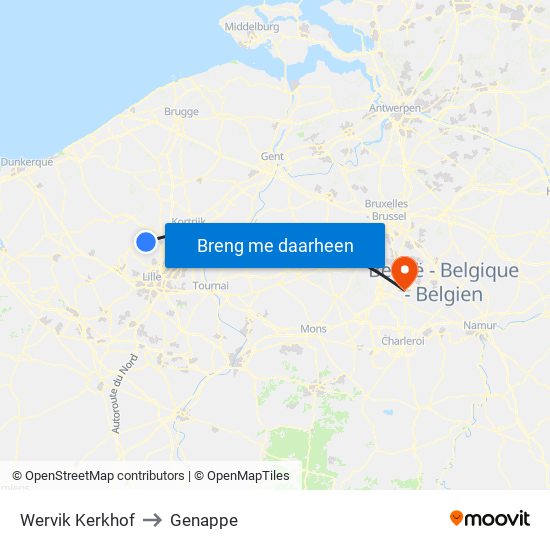 Wervik Kerkhof to Genappe map