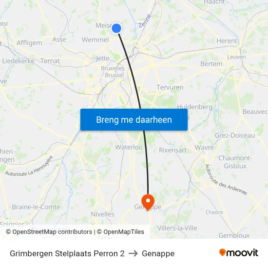 Grimbergen Stelplaats Perron 2 to Genappe map