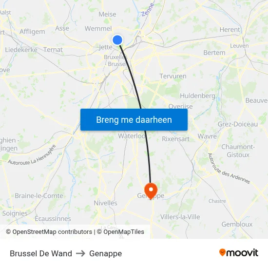 Brussel De Wand to Genappe map