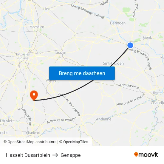 Hasselt Dusartplein to Genappe map
