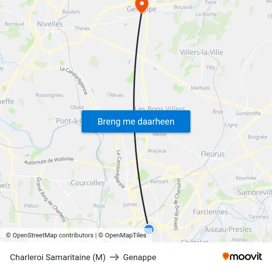 Charleroi Samaritaine (M) to Genappe map