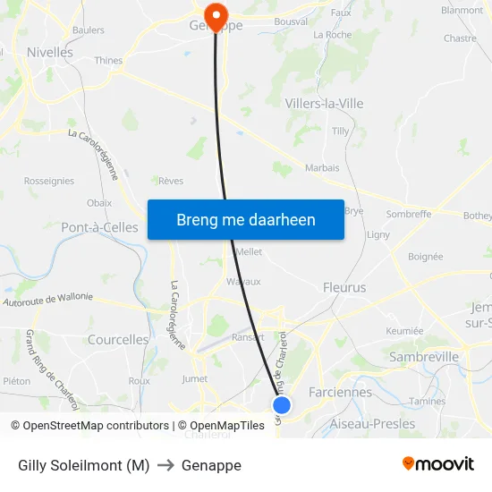 Gilly Soleilmont (M) to Genappe map