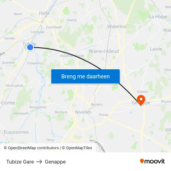 Tubize Gare to Genappe map