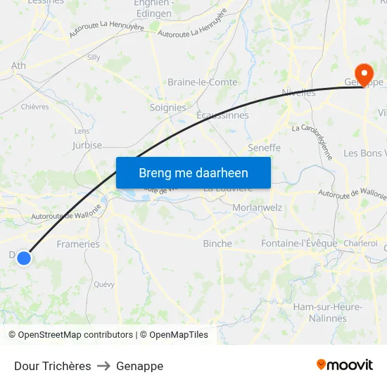 Dour Trichères to Genappe map