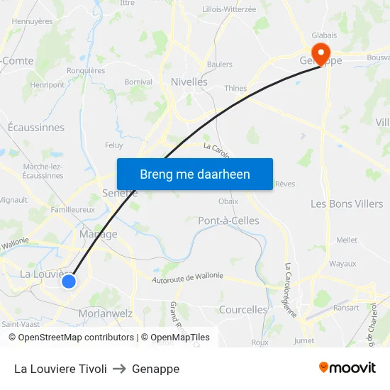La Louviere Tivoli to Genappe map