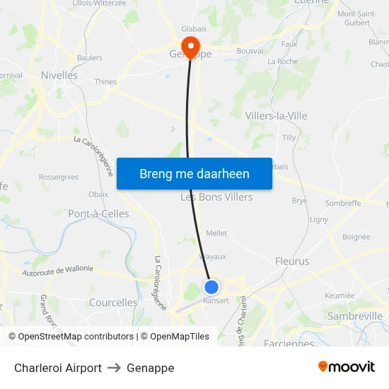 Charleroi Airport to Genappe map