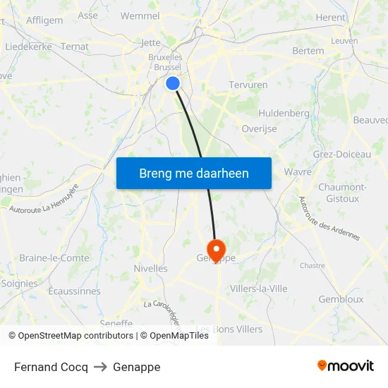 Fernand Cocq to Genappe map