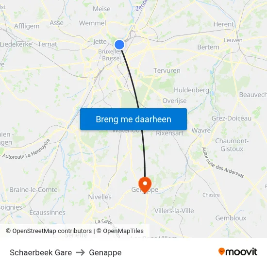 Schaerbeek Gare to Genappe map