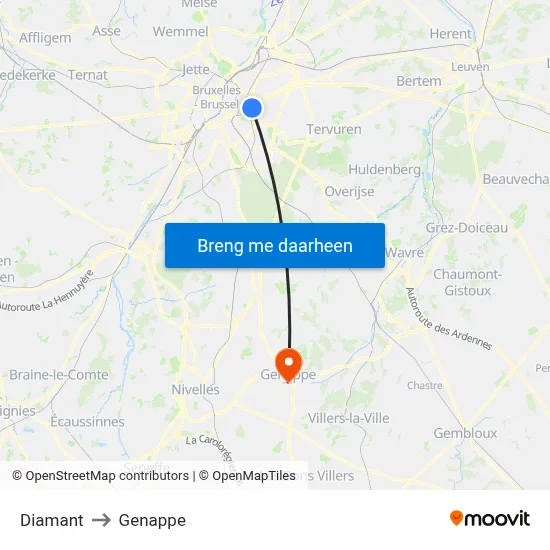 Diamant to Genappe map