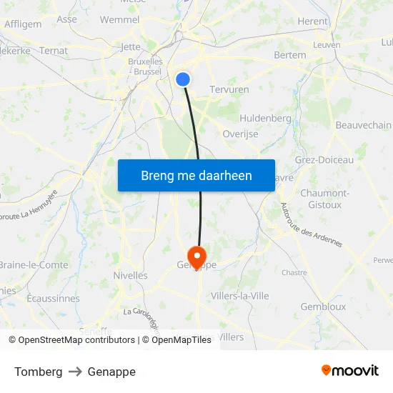 Tomberg to Genappe map