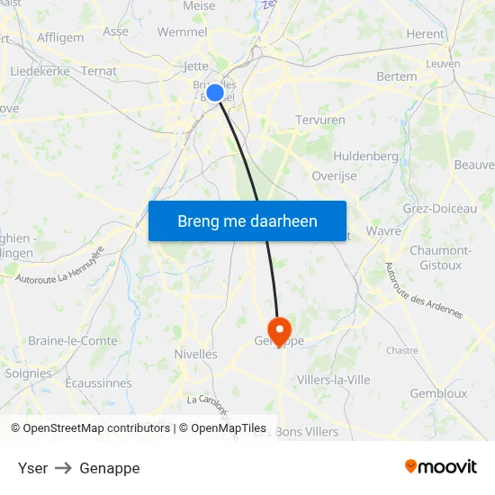 Yser to Genappe map