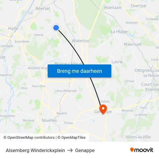 Alsemberg Winderickxplein to Genappe map