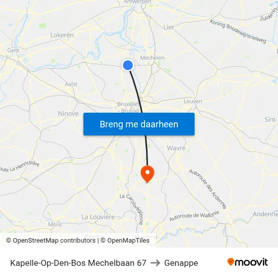 Kapelle-Op-Den-Bos Mechelbaan 67 to Genappe map
