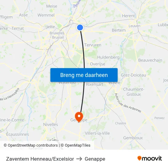 Zaventem Henneau/Excelsior to Genappe map