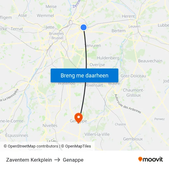 Zaventem Kerkplein to Genappe map