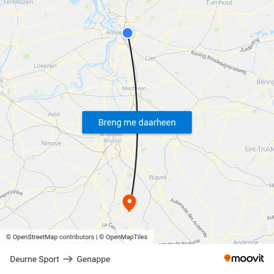 Deurne Sport to Genappe map