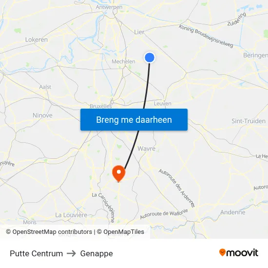 Putte Centrum to Genappe map