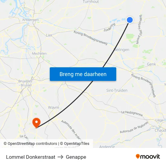 Lommel Donkerstraat to Genappe map