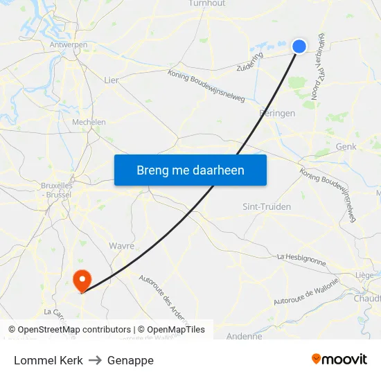 Lommel Kerk to Genappe map
