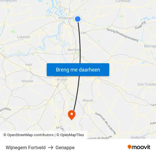 Wijnegem Fortveld to Genappe map