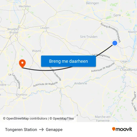 Tongeren Station to Genappe map