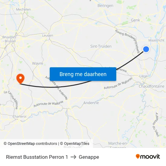 Riemst Busstation Perron 1 to Genappe map