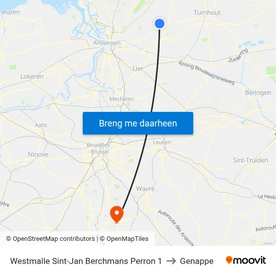 Westmalle Sint-Jan Berchmans Perron 1 to Genappe map