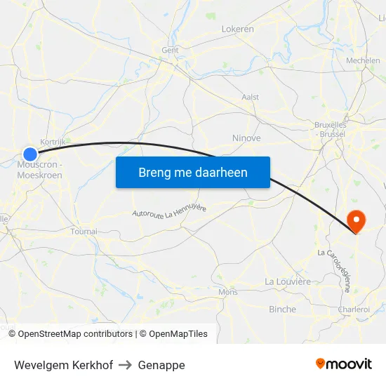 Wevelgem Kerkhof to Genappe map