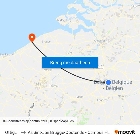 Ottignies to Az Sint-Jan Brugge-Oostende - Campus Hendrik Serruys map