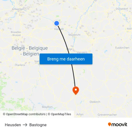 Heusden to Bastogne map