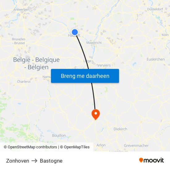 Zonhoven to Bastogne map