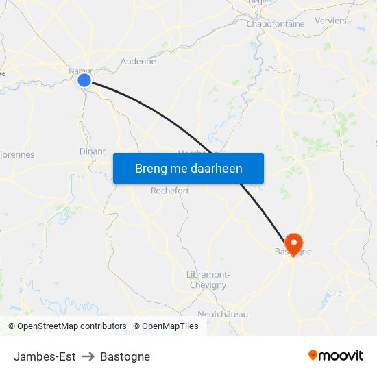 Jambes-Est to Bastogne map