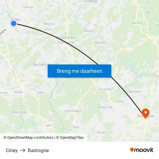 Ciney to Bastogne map