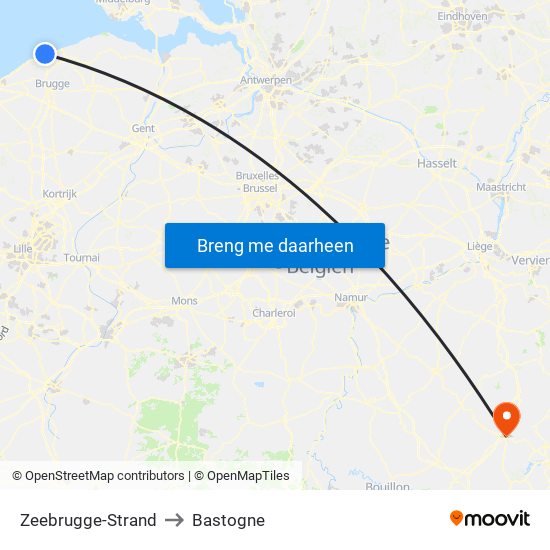 Zeebrugge-Strand to Bastogne map